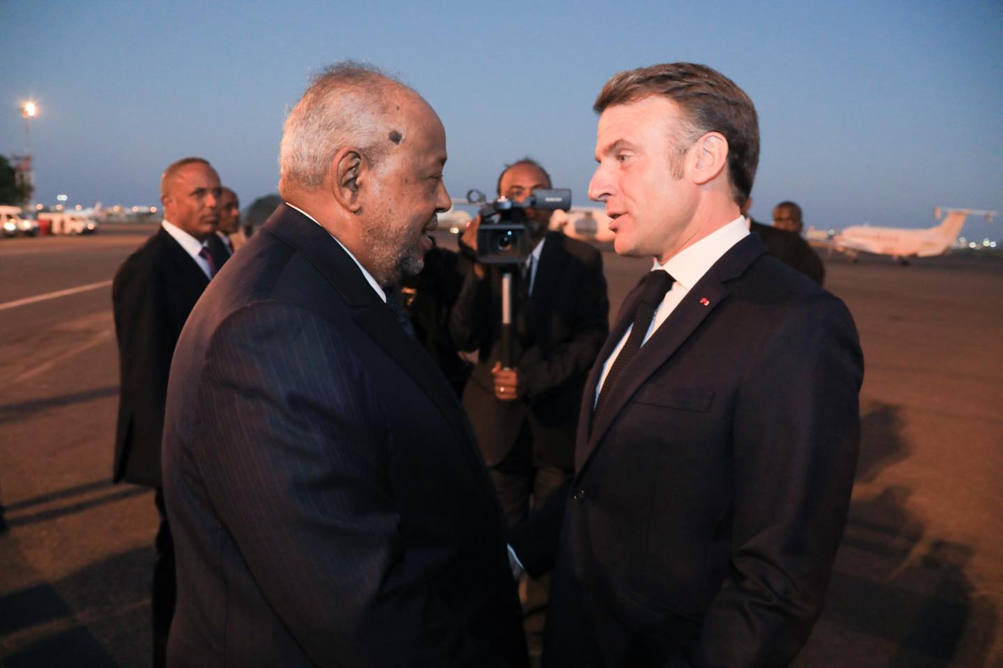 The President of Djibouti on the left welcomes the President of France on the right during an important visit to Djibouti on December 20, 2024.