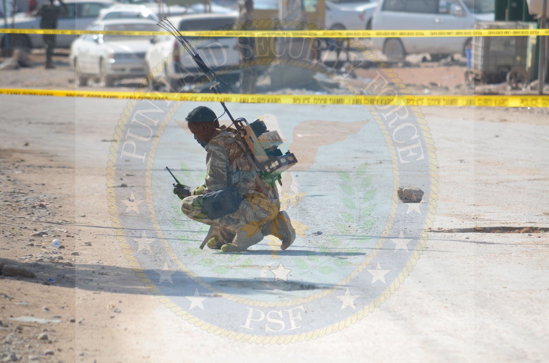 A Puntland Security Force (PSF) soldier searching for mines in Bosaso city, Somalia, in 2019.