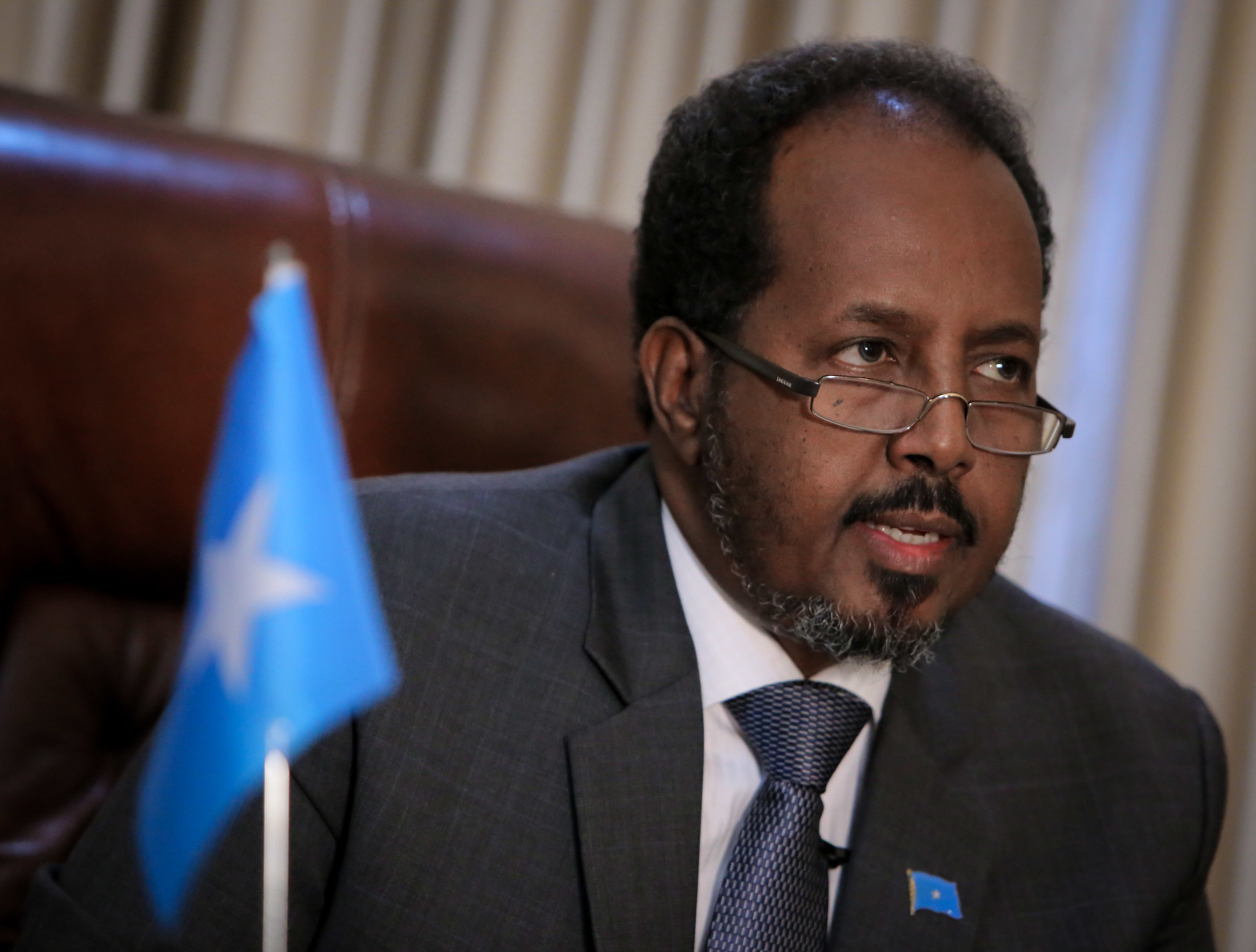 Somali President Hassan Sheikh Mohamud seated in his presidential office inside Villa Somalia, the headquarters of the Somali government in Mogadishu.