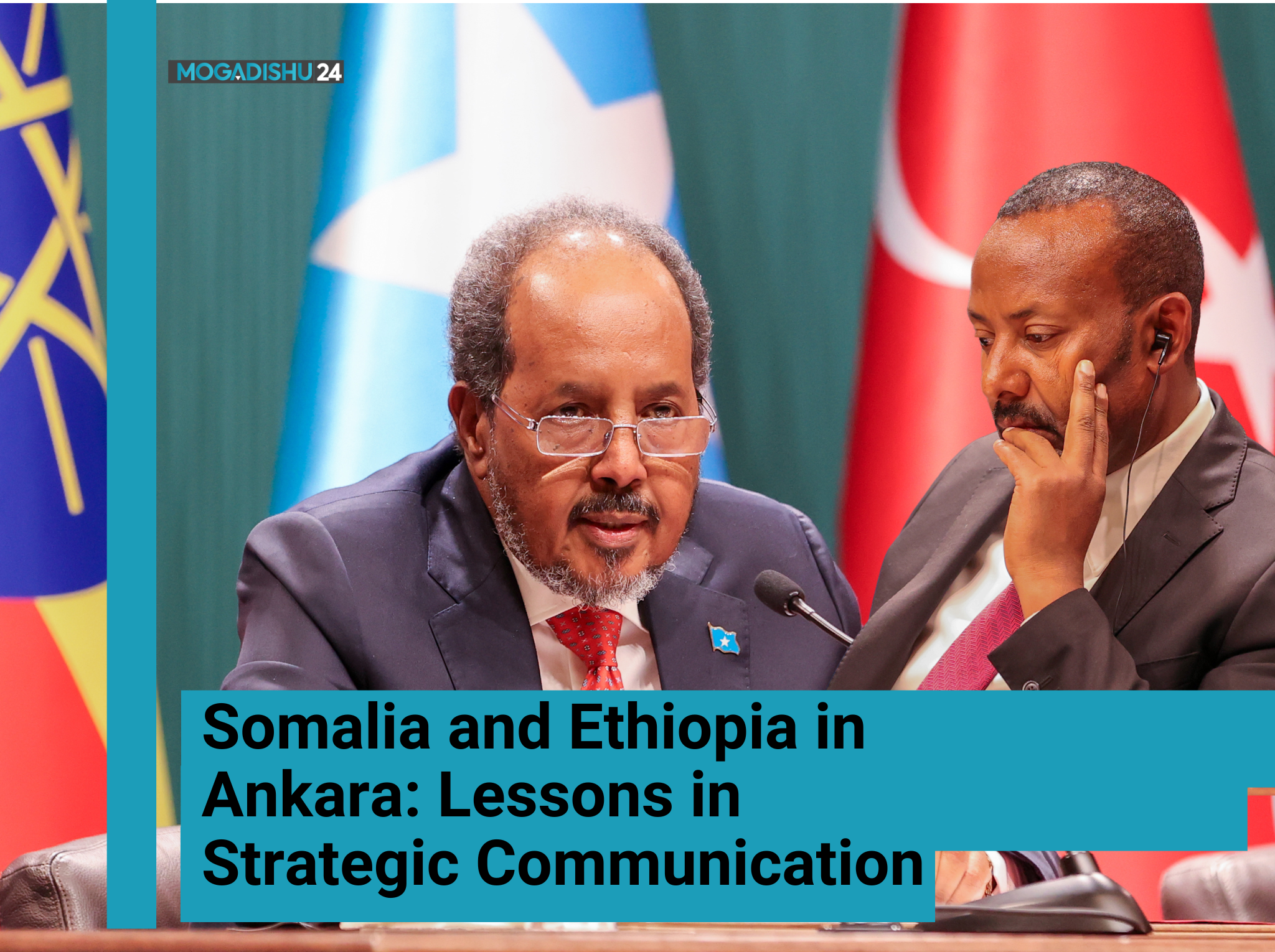 President of Somalia, Hassan Sheikh Mohamud (left), and Ethiopian Prime Minister Abiy Ahmed during a diplomatic meeting in Ankara, Turkey, on December 11. Photo by Dawan TV