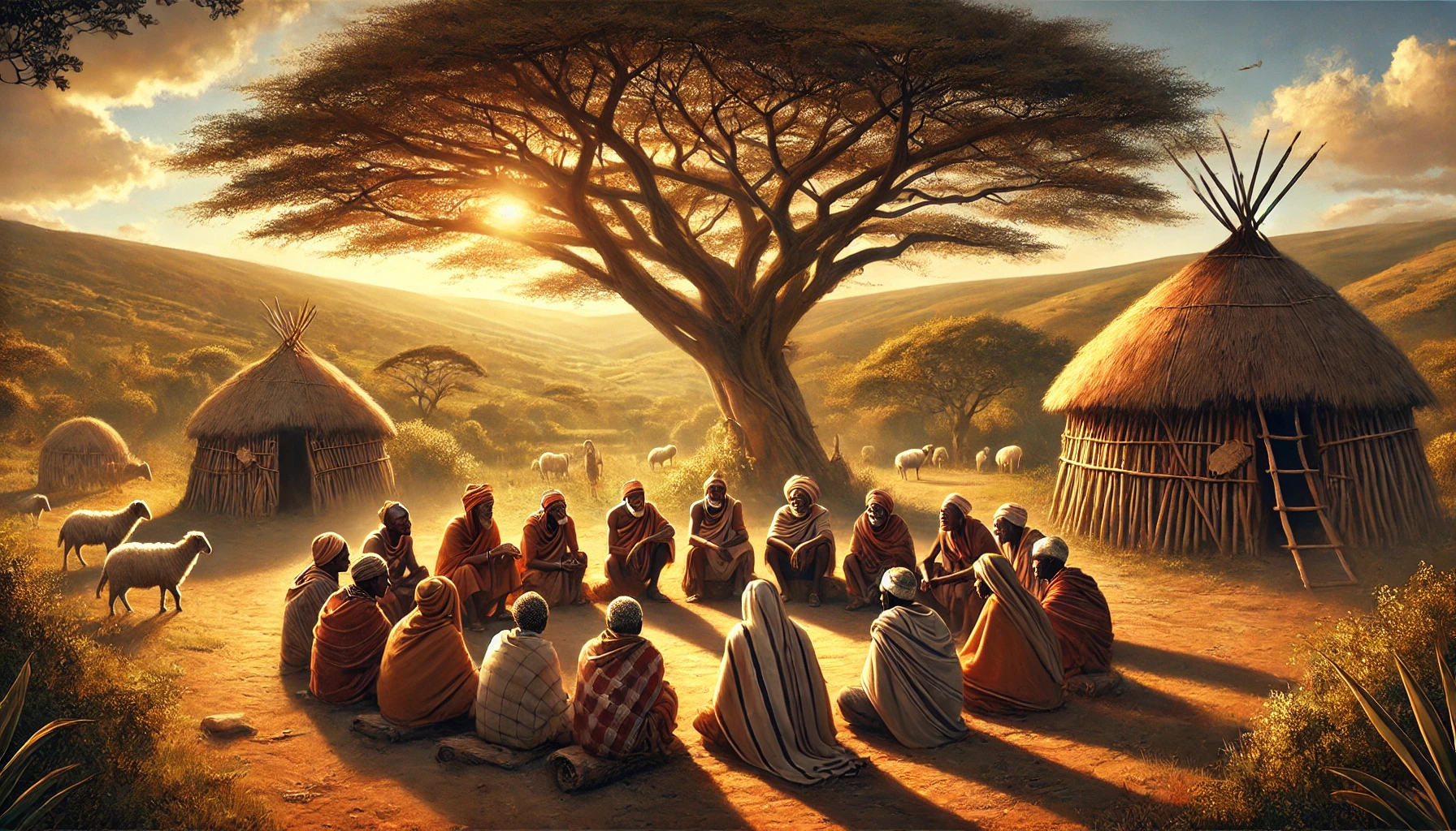 A traditional Ciise village scene featuring a group of clan elders sitting in a circle beneath the shade of a large acacia tree. They wear earth-toned traditional robes and head coverings, engaged in a thoughtful discussion with calm and wise expressions. Behind them, modest huts made of woven materials and wooden frames blend into the natural pastoral landscape. Rolling hills, grazing animals, and a vast clear sky are visible in the background. The golden-hour sunlight casts warm tones, creating a serene and dignified atmosphere, with dappled shadows on the ground and the elders. A wooden staff with faint traditional markings and documents in Somali script lie nearby, symbolizing lineage and cultural continuity.