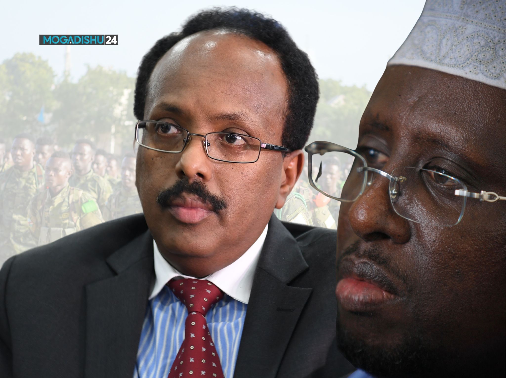 A composite image featuring former Somali President Mohamed Abdullahi Farmaajo (left) and former Somali President Sharif Sheikh Ahmed (right), with Somali soldiers faintly visible in the background. The image is redesigned by Mogadishu 24.