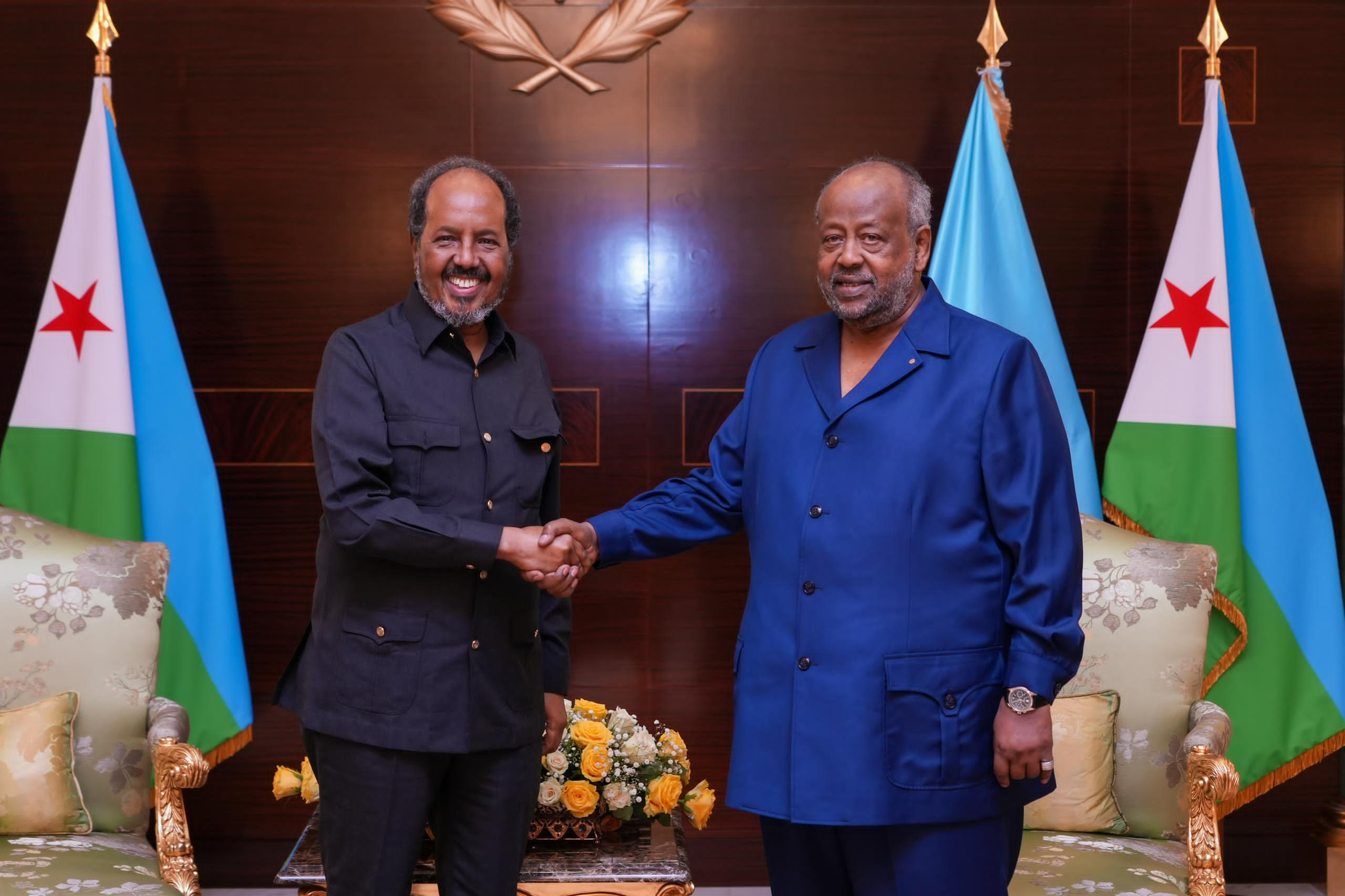 Somali President Hassan Sheikh Mohamud (left) and Djibouti President Ismail Omar Guelleh (right) shake hands at the presidential palace in Djibouti City on December 29, 2024, with flags of their respective countries displayed in the background.