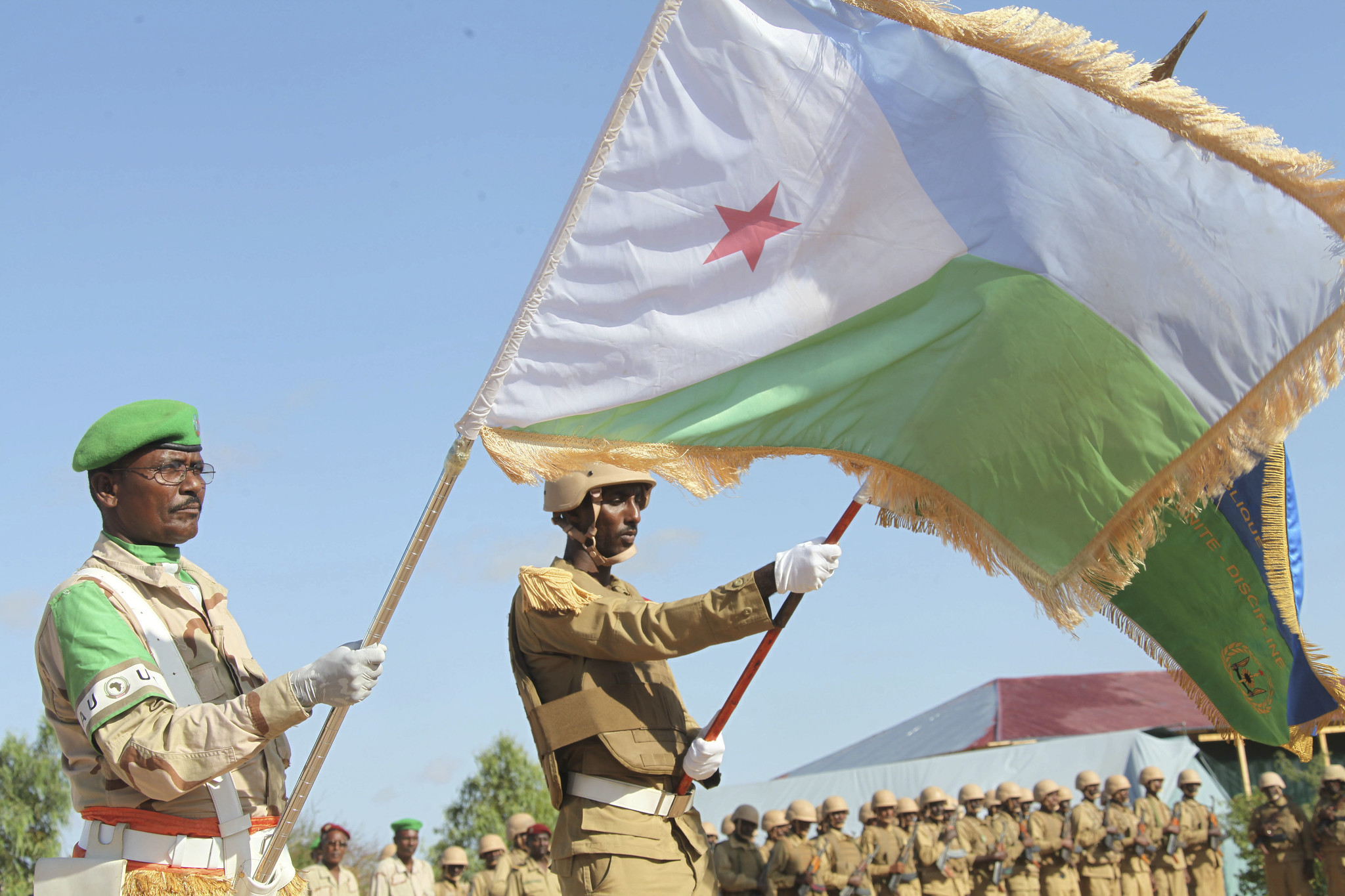 Djiboutian AMISOM soldiers marching in formation during the 38th Anniversary of Djiboutian Armed Forces Day in Sector 4, Beletweyne, Somalia, on June 6, 2015.