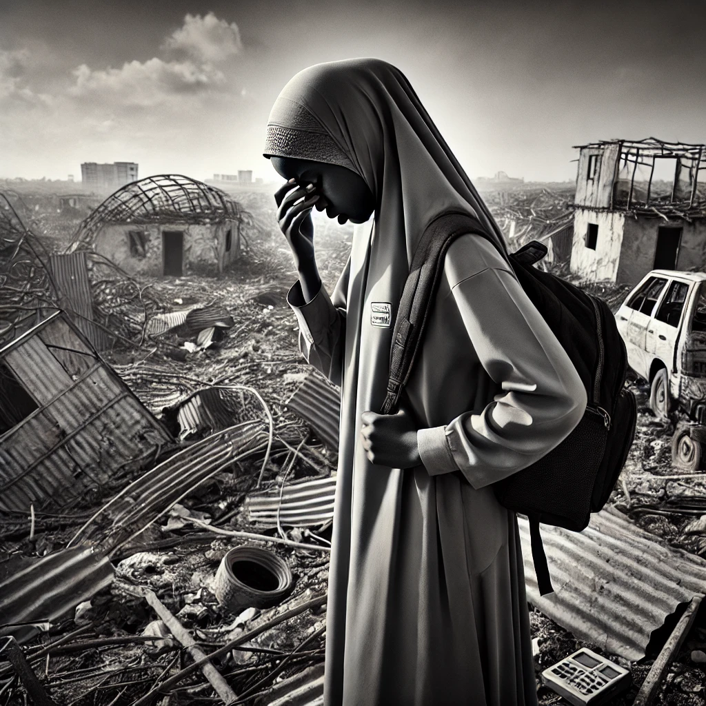 A black-and-white image of a Somali student wearing a hijab and carrying a backpack, standing amidst the ruins of a demolished settlement. She holds one hand to her face in despair while surrounded by scattered debris, destroyed makeshift homes, and broken structures under a hazy sky.