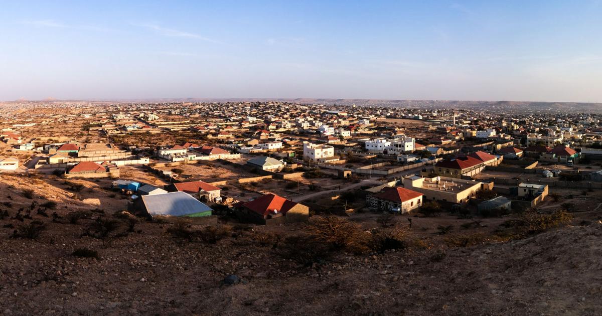 Panoramic view of Alkowther district in Middle Shabelle, Somalia, showcasing the expansive layout of the town with houses and roads sprawling under a clear sky.