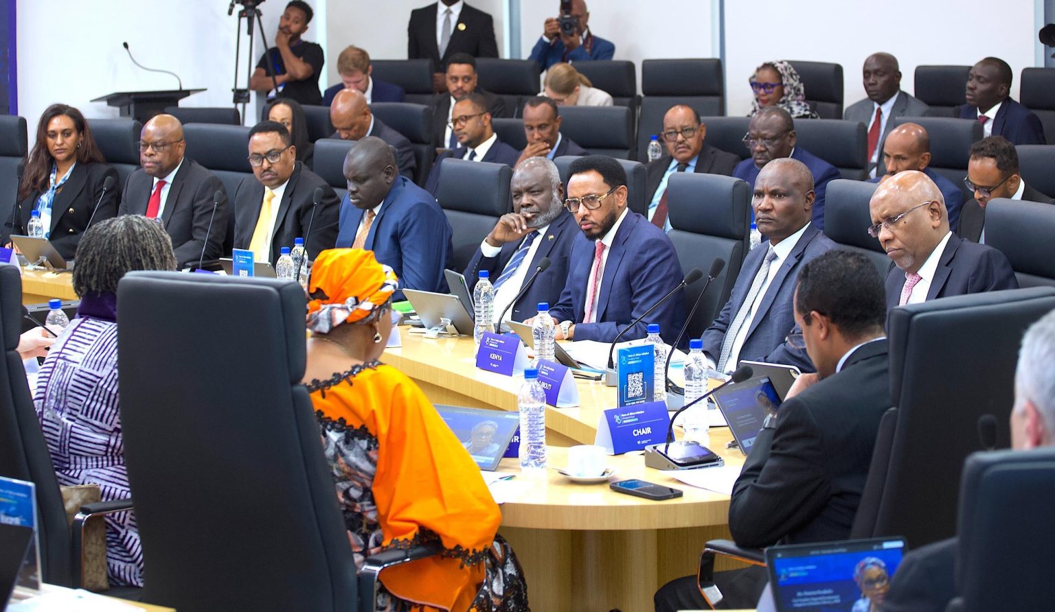 Delegates attending the 23rd Ministerial Meeting of the Horn of Africa Initiative, including Somalia’s Finance Minister Bihi Iman Egeh, seated around a conference table.