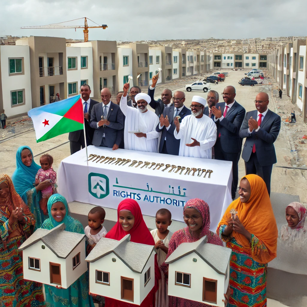 A grand ceremony in Carta, Djibouti, where government officials hand over keys to new homes to low-income families. The Djibouti national flag waves prominently in the background. Smiling families, including orphans and people with special needs, hold keys in front of newly built modern houses. A banner reads "Djibouti Housing Rights Authority - Home Handover Ceremony."