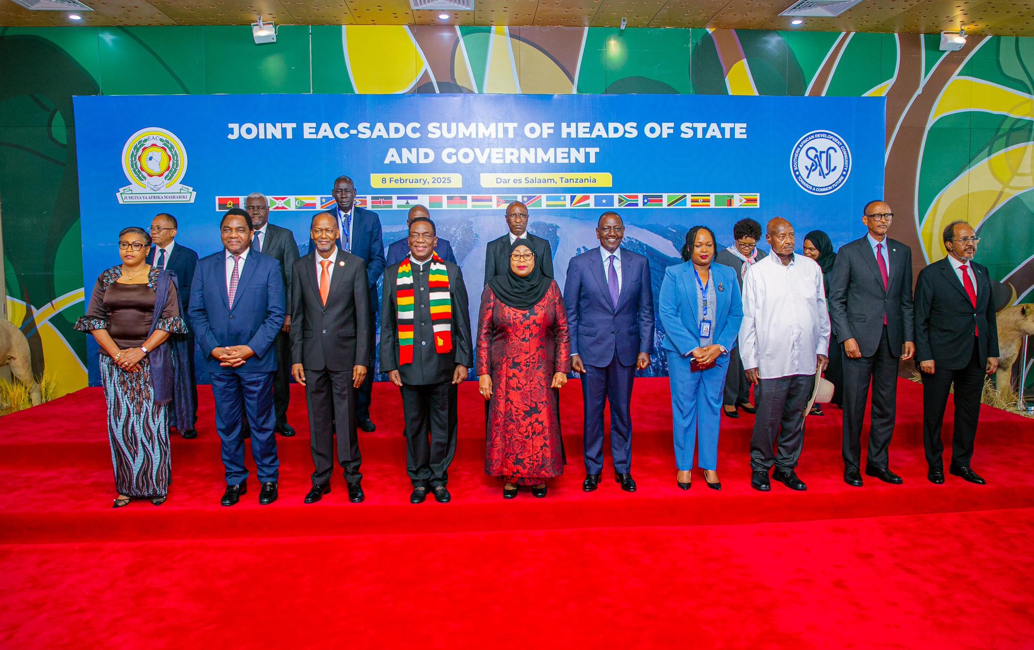 A group photo of East African Community (EAC) and Southern African Development Community (SADC) leaders at the Joint EAC-SADC Summit of Heads of State and Government, held on February 8, 2025, in Dar es Salaam, Tanzania.