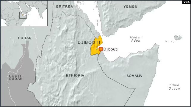 Map highlighting Djibouti in yellow with its capital marked, located in the Horn of Africa surrounded by Eritrea, Ethiopia, Somalia, and the Gulf of Aden.