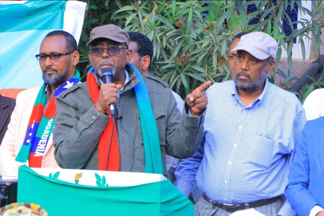 Dr. Abdirahman Mahdi, Chairman of the Ogaden National Liberation Front (ONLF), delivering a speech at a political event.