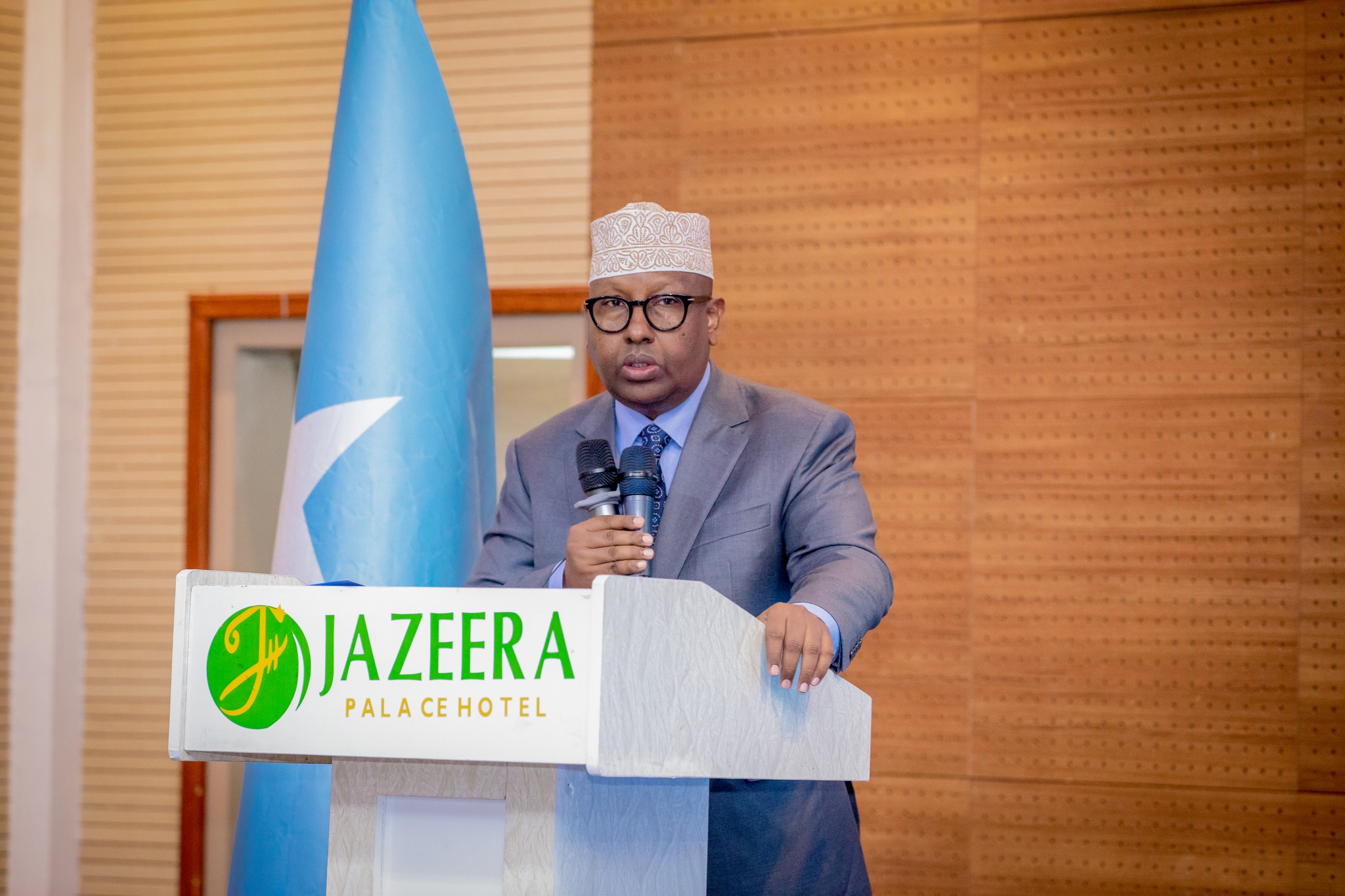 Somalia’s Minister of Foreign Affairs, Ahmed Moallim Fiqi, delivering a speech at Jazeera Palace Hotel, criticizing the Intergovernmental Authority on Development (IGAD).