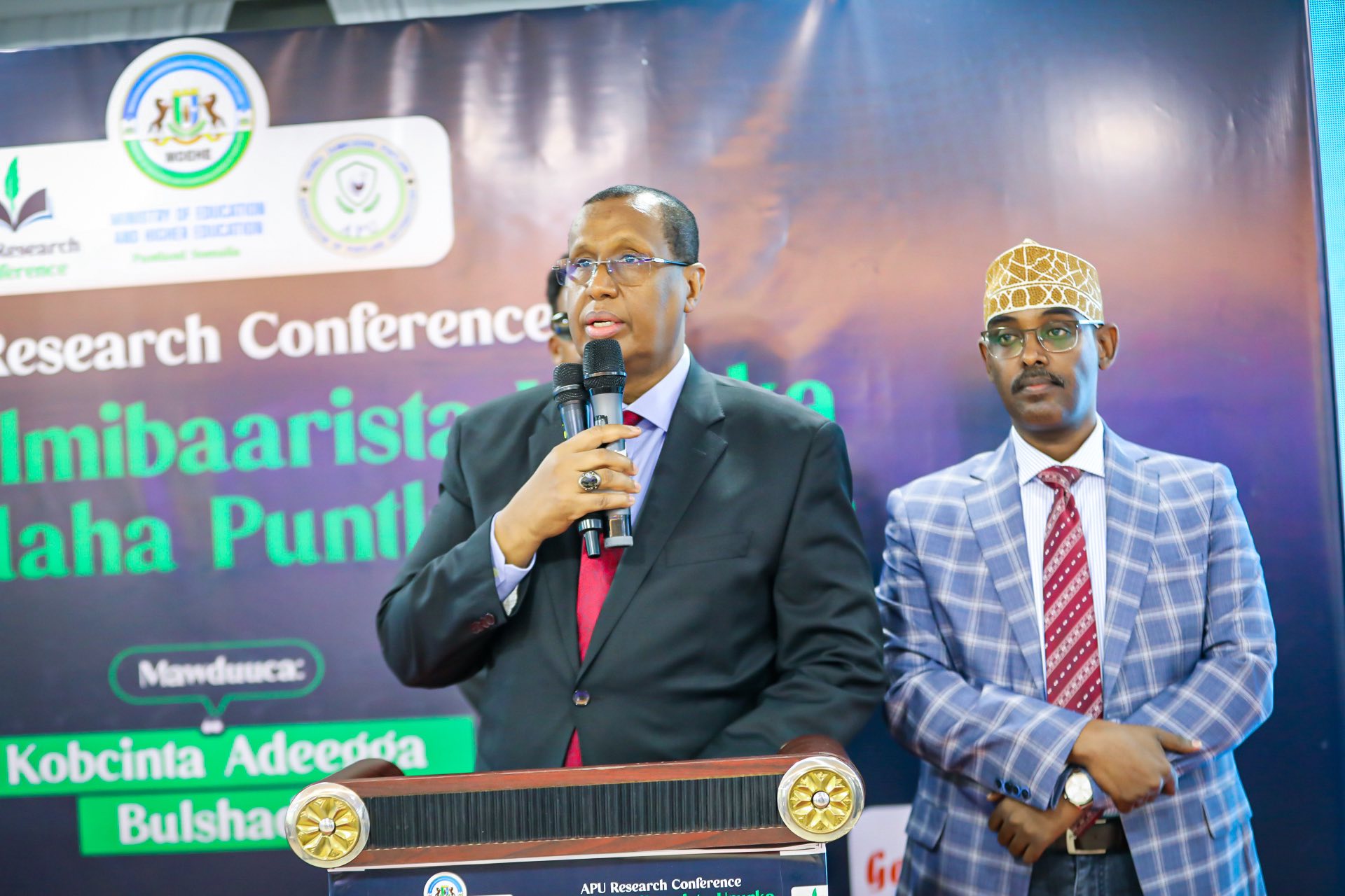 Puntland's Vice President, Ilyaas Osman Lugatoor, delivering a speech at the Puntland University Research Organization Conference, addressing Puntland's financial situation in the fight against ISIS.