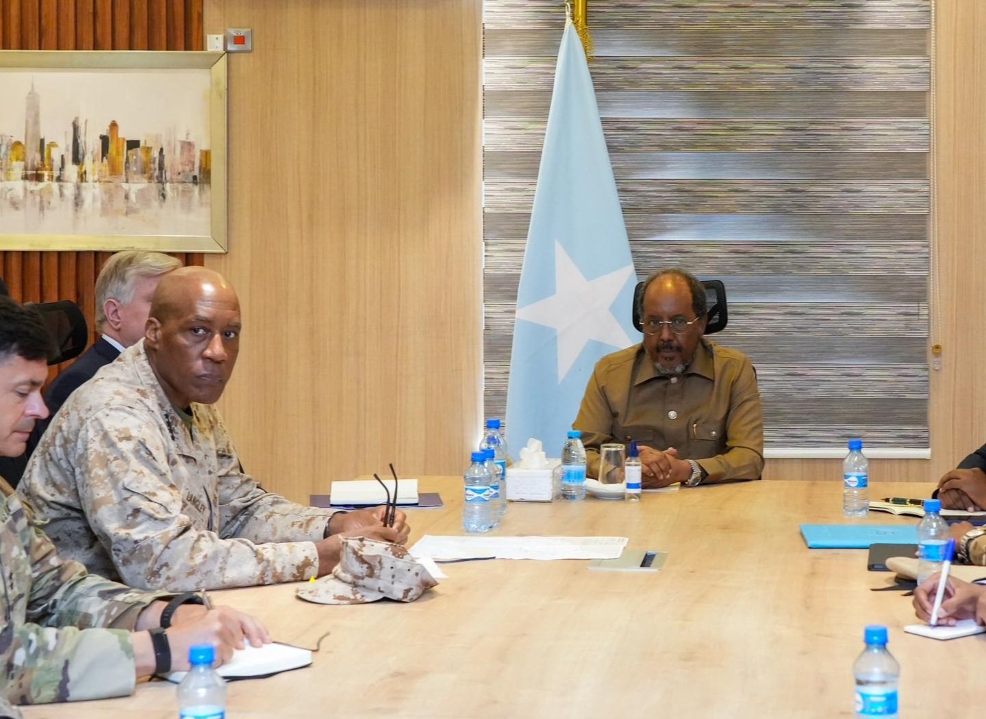 his image shows the President of Somalia, Hassan Sheikh Mohamud, meeting with General Michael E. Langley, Commander of the United States Africa Command (AFRICOM), to discuss strengthening security cooperation between Somalia and the United States.