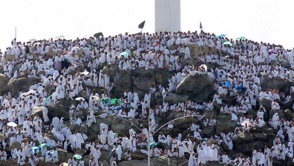 A large crowd of Hajj pilgrims gathered on the rocky slopes of Jabal Arafat during the annual pilgrimage in Saudi Arabia.