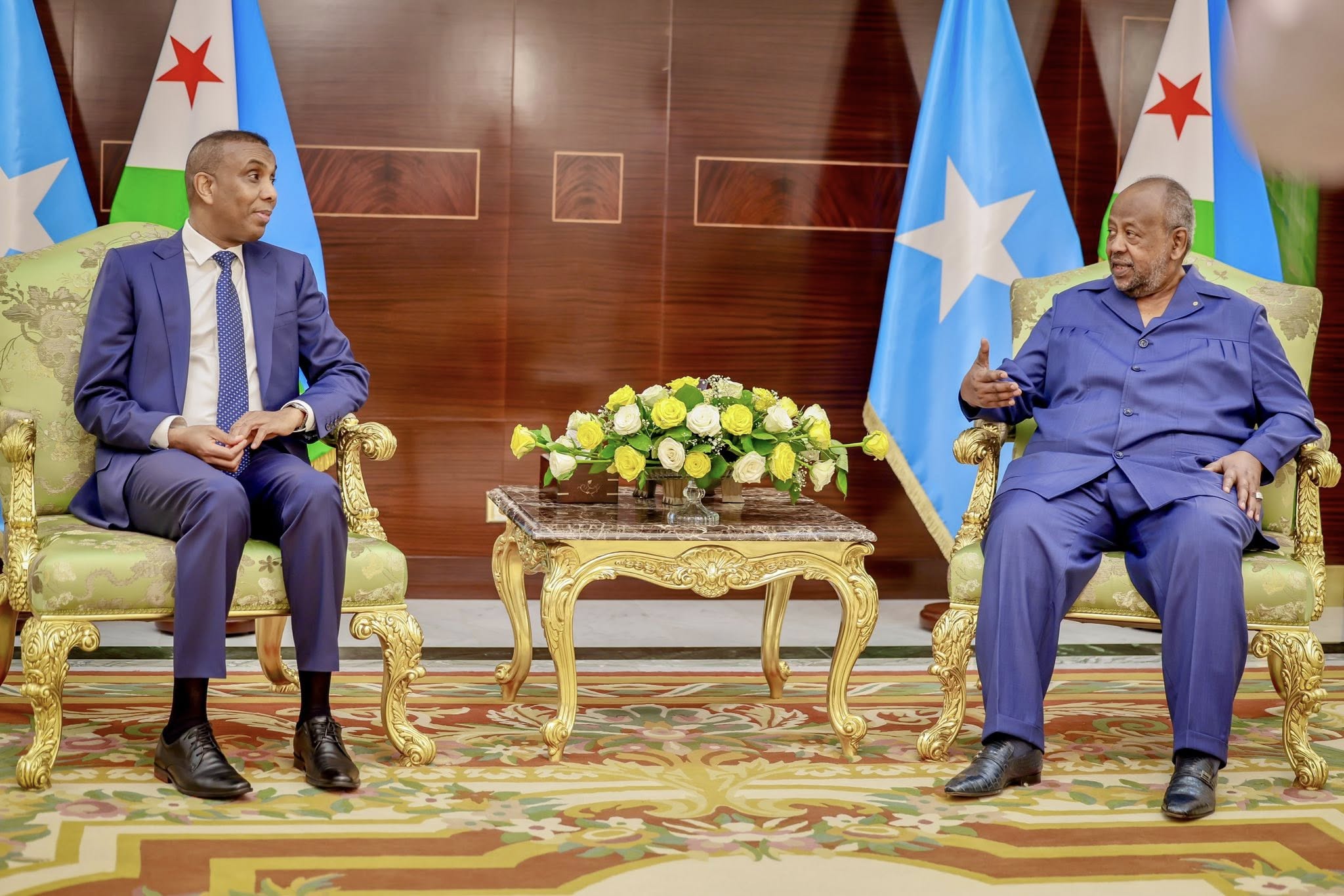 Somalia’s Prime Minister Hamse Abdi Barre meeting with Djibouti President Ismail Omar Guelleh in a formal setting.