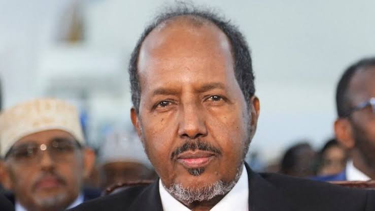 President Hassan Sheikh Mohamud of Somalia during a formal event, symbolizing Somalia-Qatar bilateral talks.
